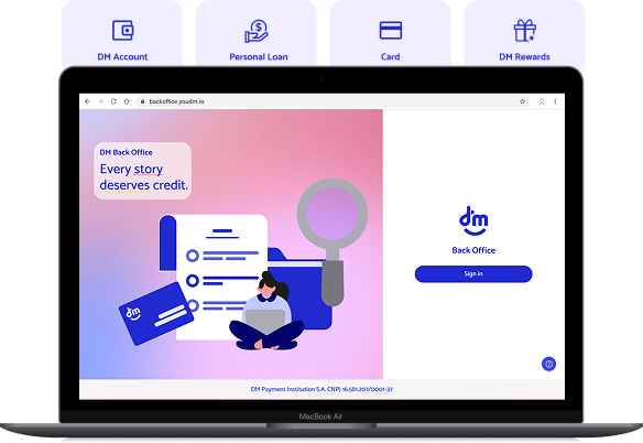 Internal Back Office platform showing DM Back Office login and navigation